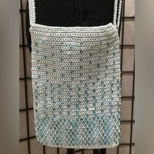 Beaded CROCHET BAGE, in Light Blue, BOHO, HIPPIE, 10x 7 with 21” drop strap.